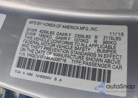 2019 Honda Accord Lx z USA, uszkodzony, nr VIN 1HGCV1F14KA008718